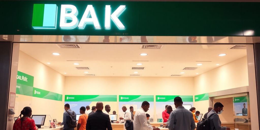 Nigerian bank interior with customers and staff interacting.