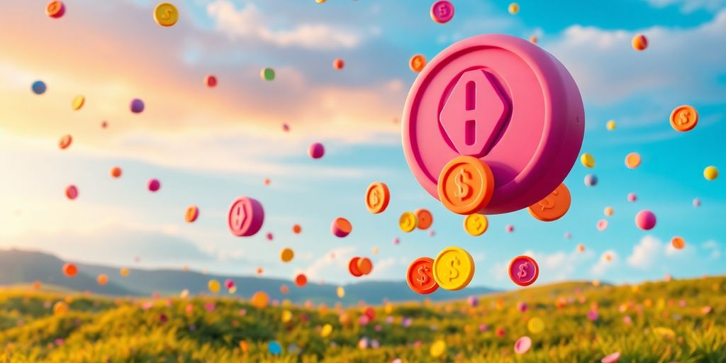 Colorful tokens floating in a dynamic digital landscape.