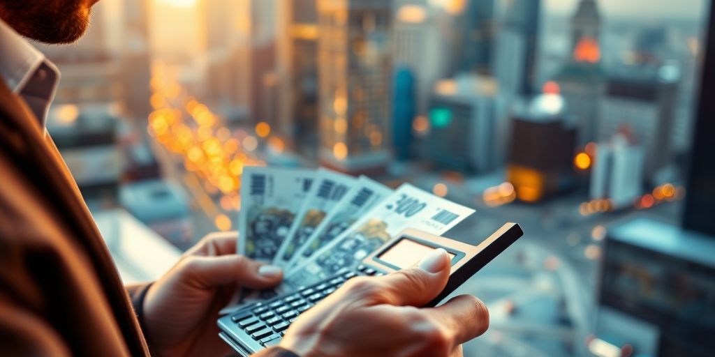 Financial analyst with currency notes and calculator in focus.