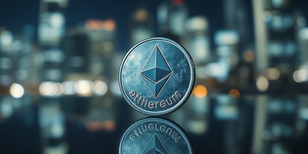 Close-up of Ethereum coin with city lights background.