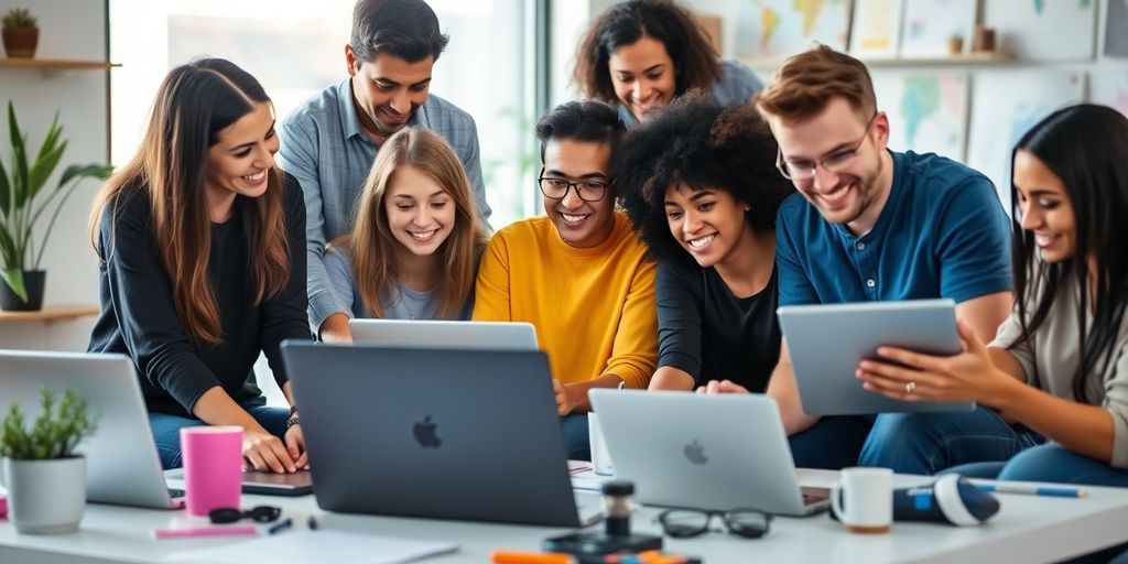 Diverse digital creators working together in a modern office.