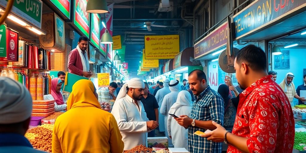 UAE traders interacting in a busy market atmosphere.