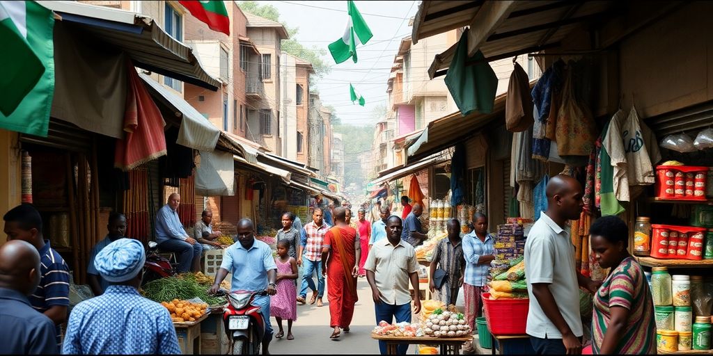 Busy Nigerian market scene with vendors and shoppers.