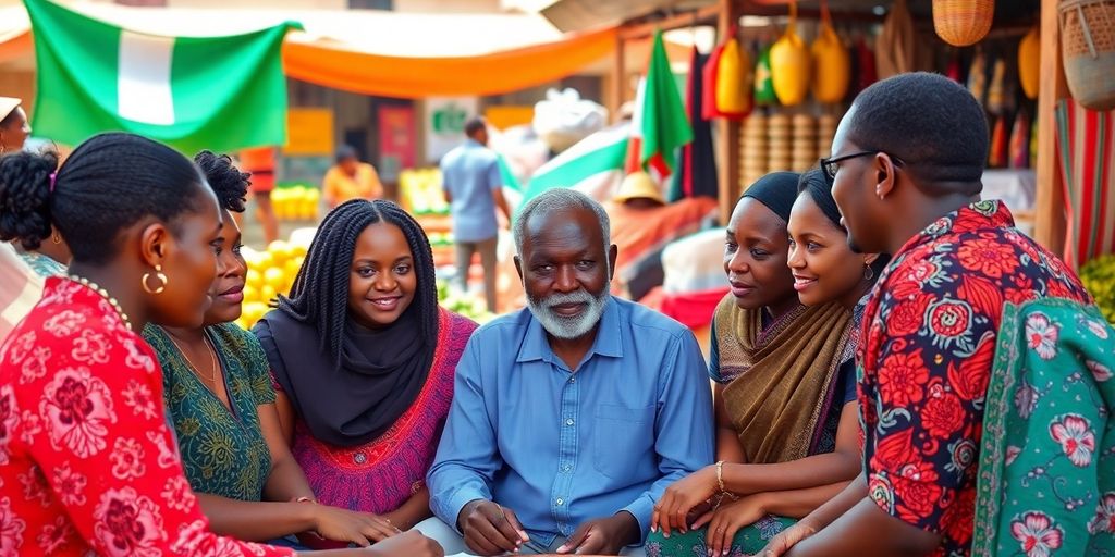 Diverse group discussing financial services in a market.