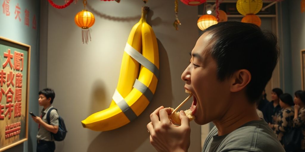 Person taking a bite from a banana artwork.