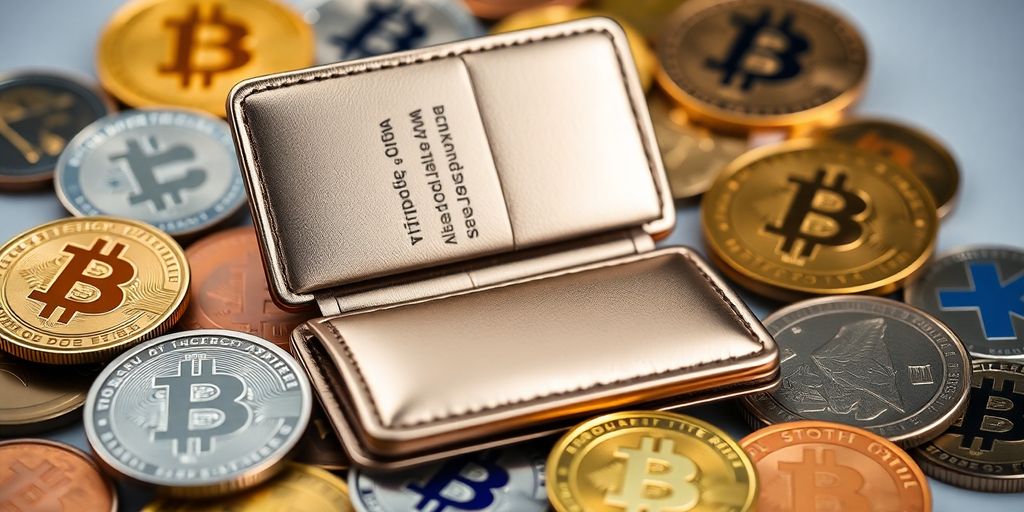 Close-up of a multi-signature wallet with crypto coins.