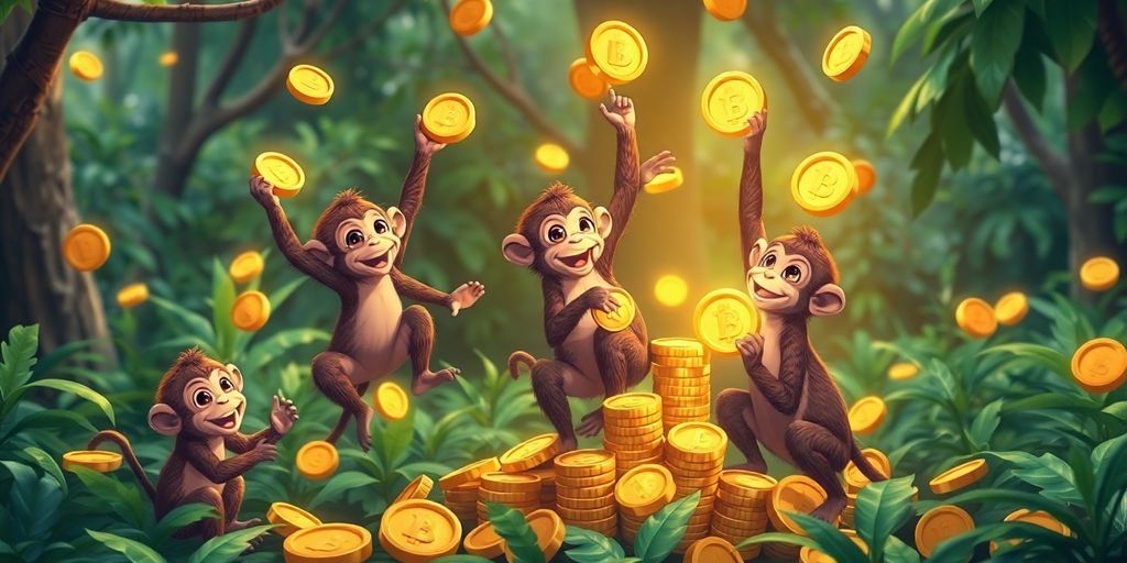 Playful monkeys with colorful tokens in a lush setting.