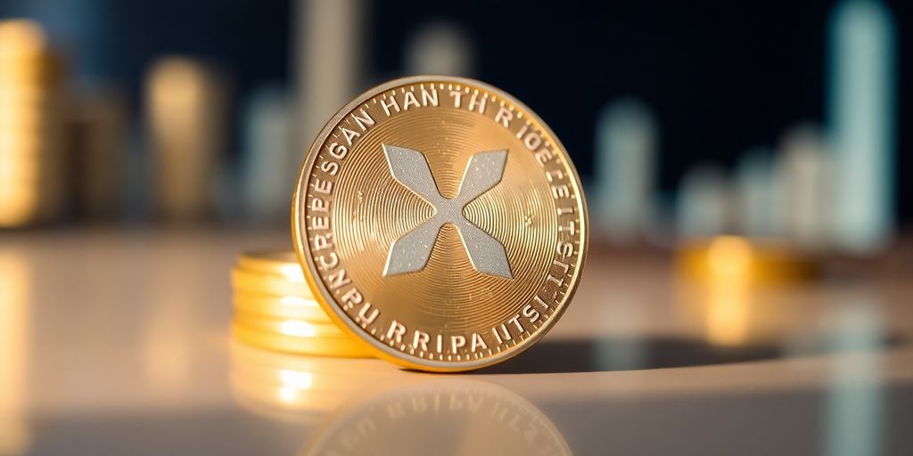 Close-up of XRP coin on a reflective surface.