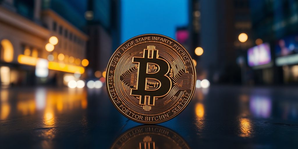 Bitcoin coin glowing against a blurred city background.