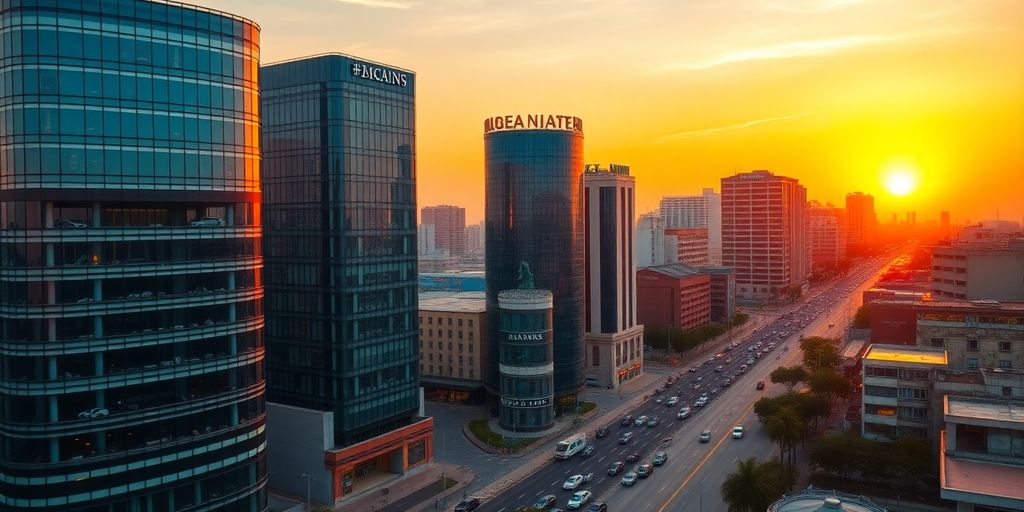 Lagos skyline with modern banks at sunset.