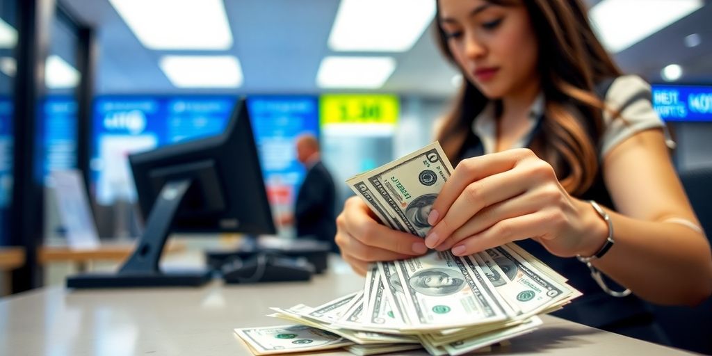 Bank teller counting US dollars at a bank counter.