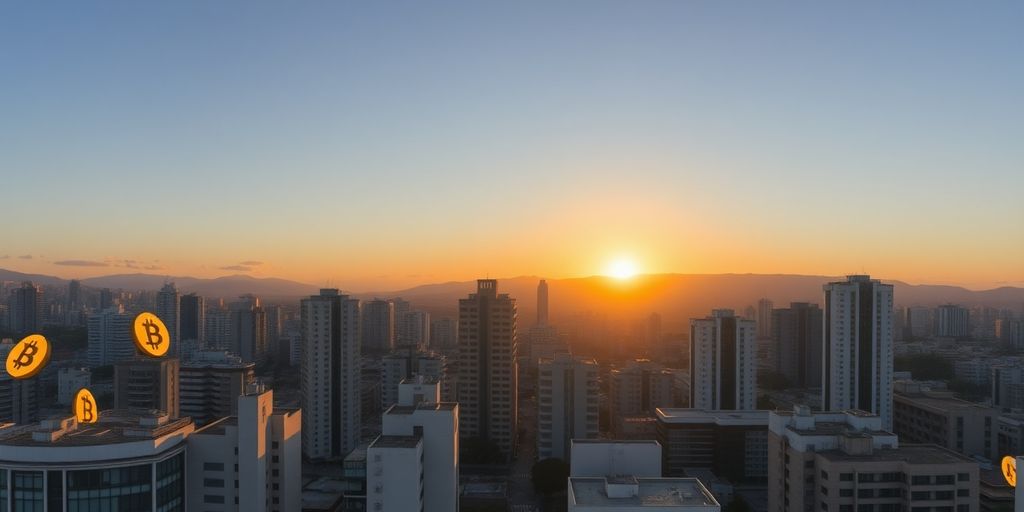 El Salvador skyline with Bitcoin symbols during sunset.