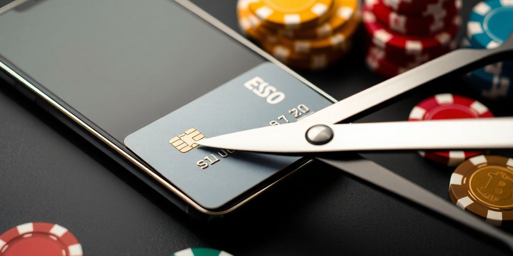 Credit card being cut with gambling chips nearby.