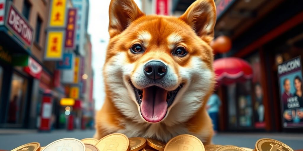 Shiba inu dog surrounded by cryptocurrency-themed coins.