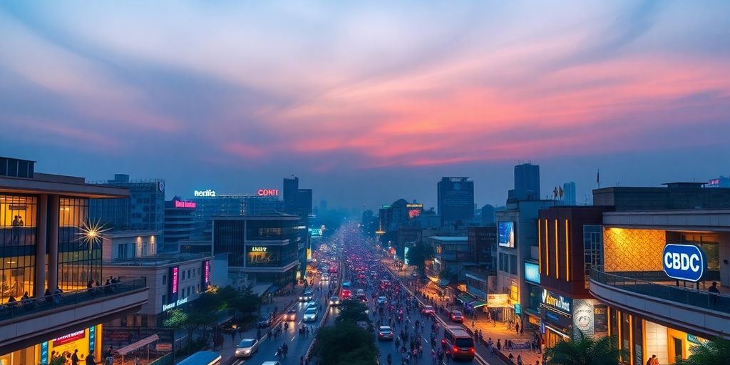 Vibrant cityscape of India at dusk with illuminated skyline.