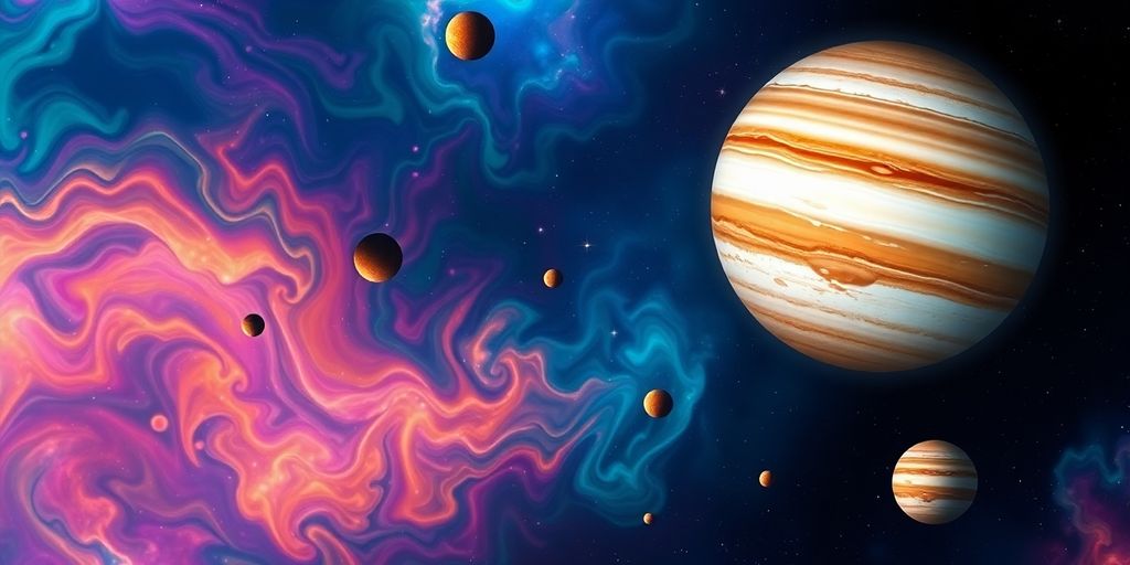 Jupiter's colorful clouds and moons in cosmic space.