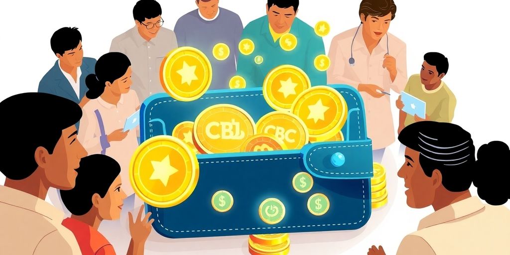 Digital wallet with CBDC coins and diverse users.