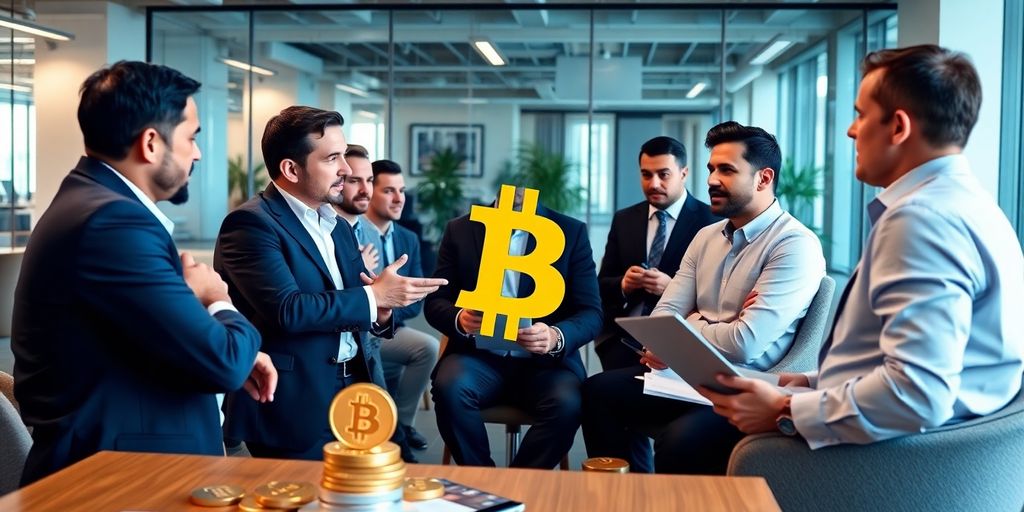 Investors discussing Bitcoin ETFs in a modern office.