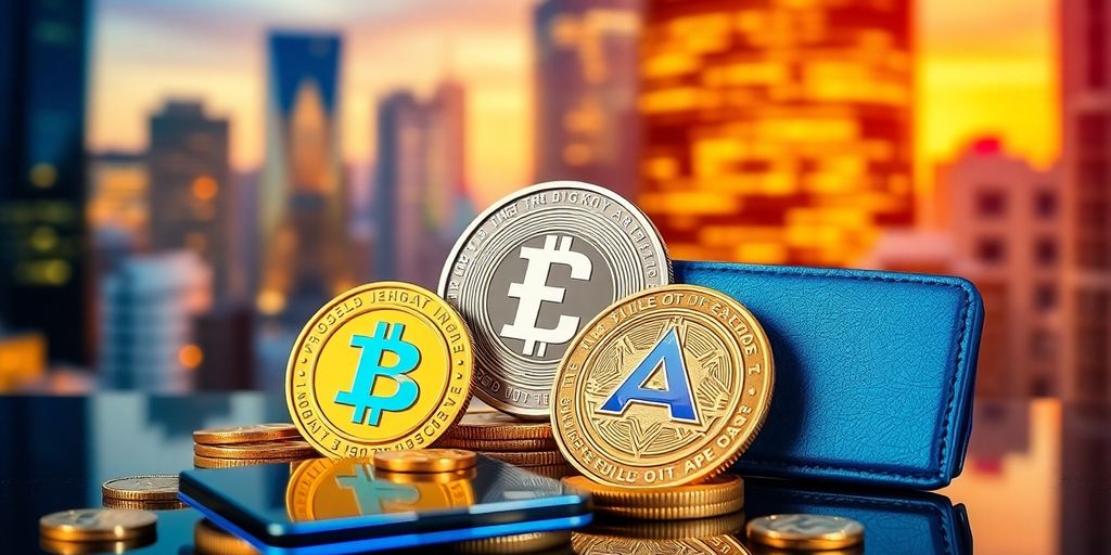 Colorful cryptocurrency coins with a city background.