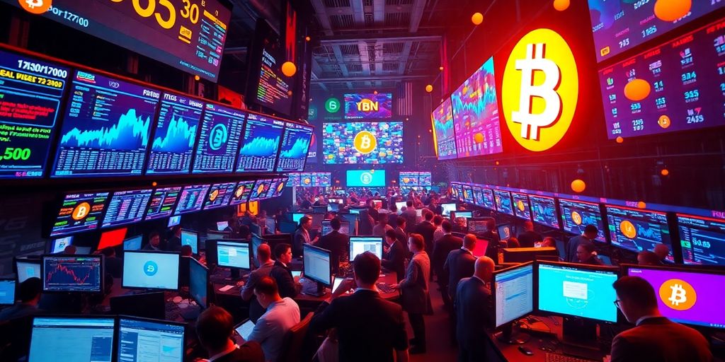 Traders at a cryptocurrency exchange immersed in activity.