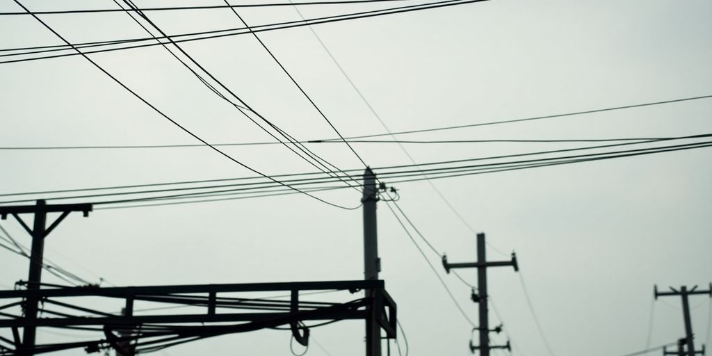 Power distribution facility with electricity poles and lines.