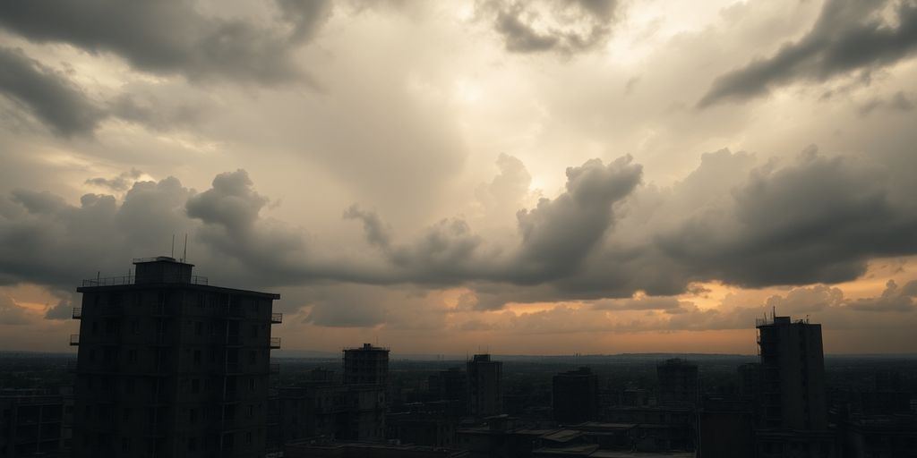 Stormy sky over a desolate urban landscape.