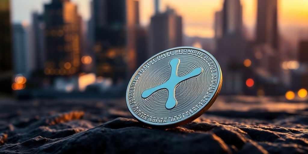 Close-up of a shining XRP coin on a surface.