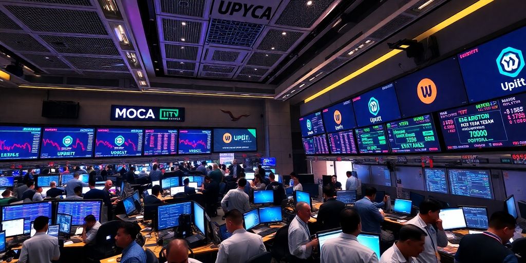 Traders engaged in cryptocurrency market activities in a busy setting.