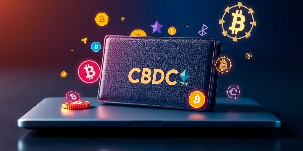 Digital wallet with cryptocurrency and CBDC icons.