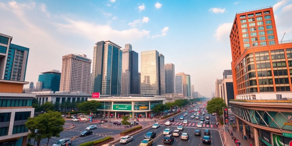 A bustling financial district in Nigeria with skyscrapers.