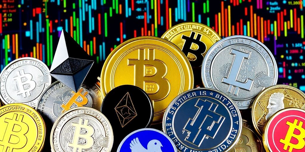 Colorful cryptocurrencies in a dynamic digital background.