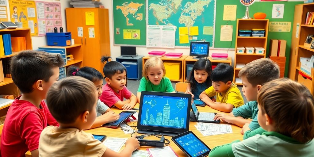 Children learning about blockchain technology in a classroom.