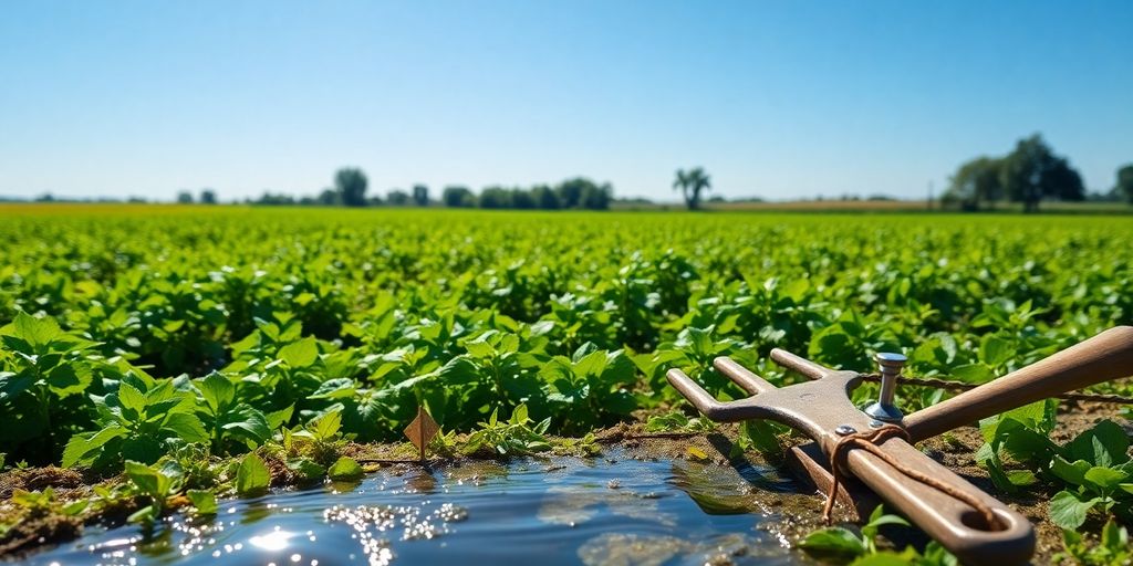 Lush green farm with water feature and tools.