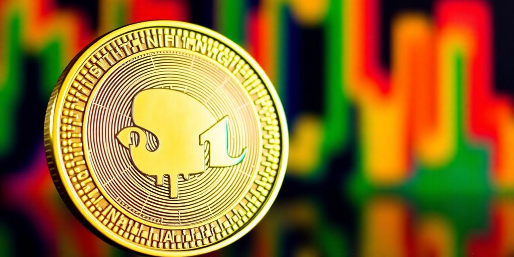 Close-up of Cardano coin with vibrant colors.