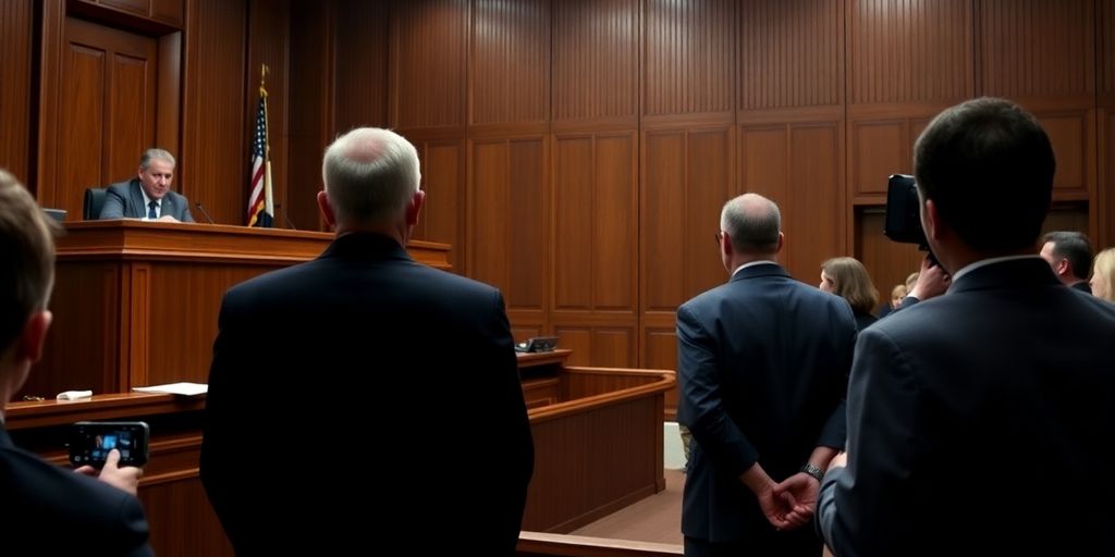 Courtroom scene with handcuffed former executive and judge.