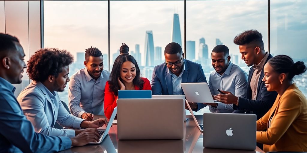 Diverse fintech professionals collaborating in a modern office.