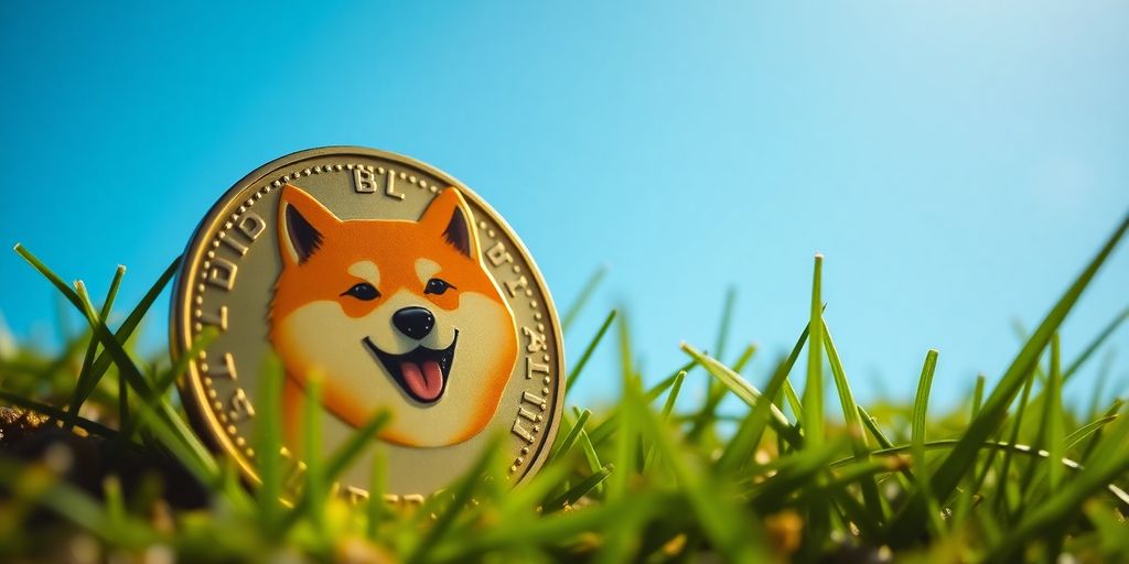 Dogecoin coin on grass with blue sky background.