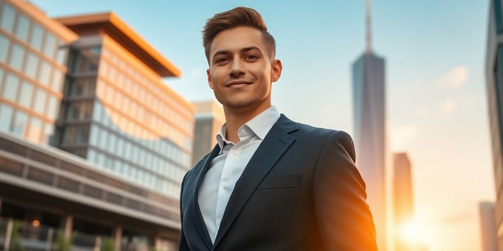 Young billionaire in a suit against a city skyline.