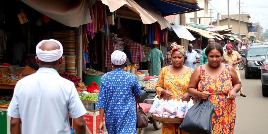 Busy Nigerian street with vendors and people interacting.