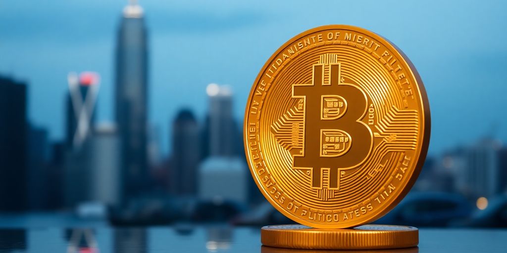 Golden Bitcoin with city skyline blurred in background.