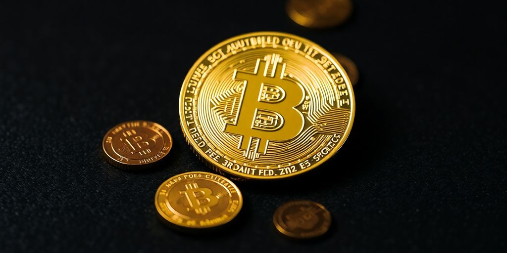 Bitcoin coin on a dark surface with soft lighting.