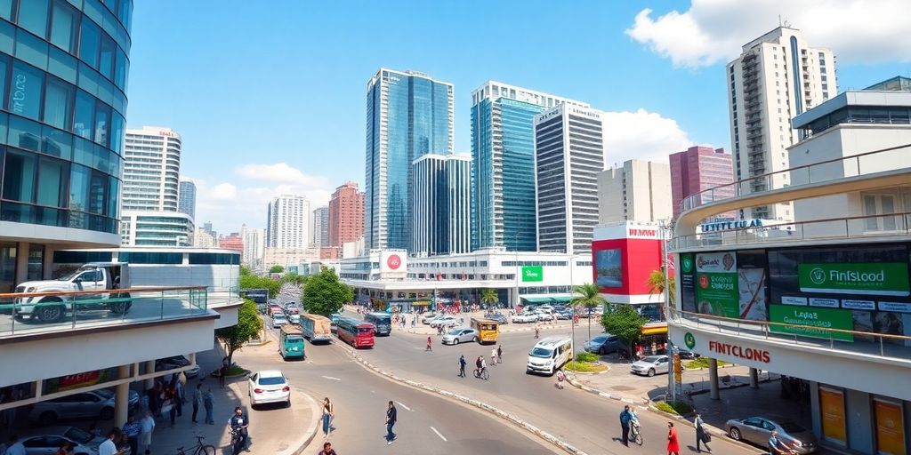 Lagos cityscape with fintech offices and busy streets.