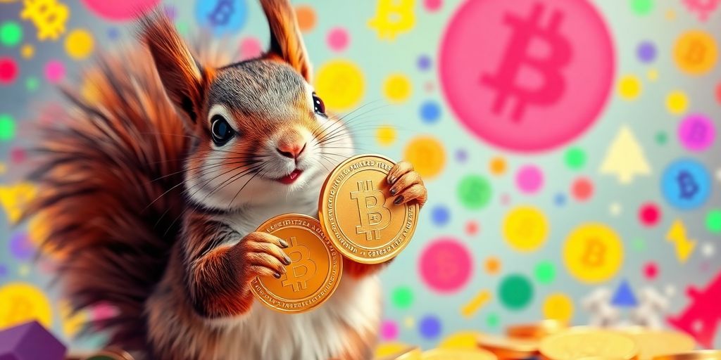 Playful squirrel holding a coin, colorful crypto-themed background.