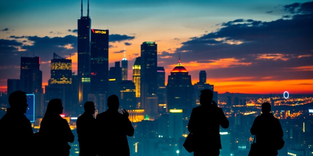 City skyline at dusk with people discussing cryptocurrency.