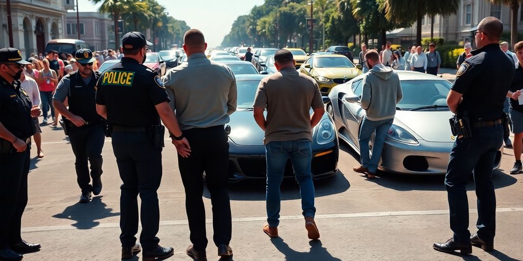 Police arresting suspects near luxury cars.