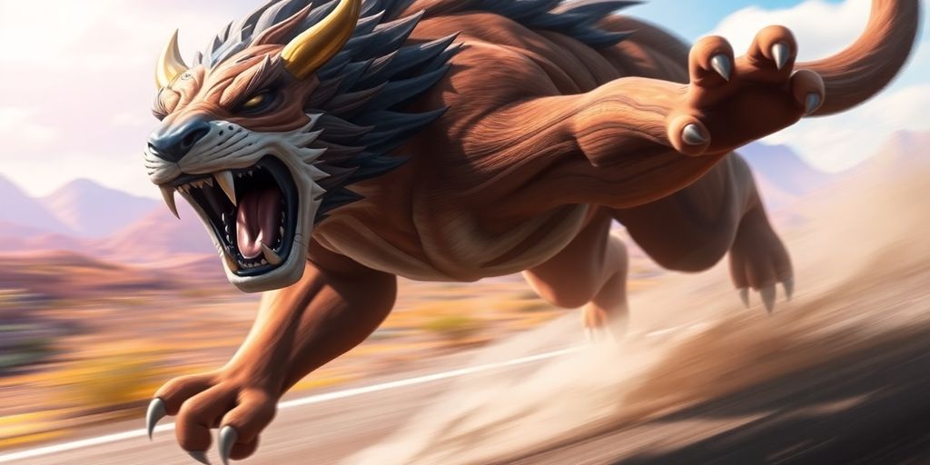 Roaring beast in motion, symbolizing power and energy.