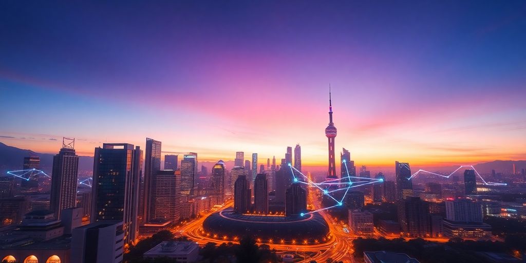 Futuristic cityscape at dusk with colorful lights.