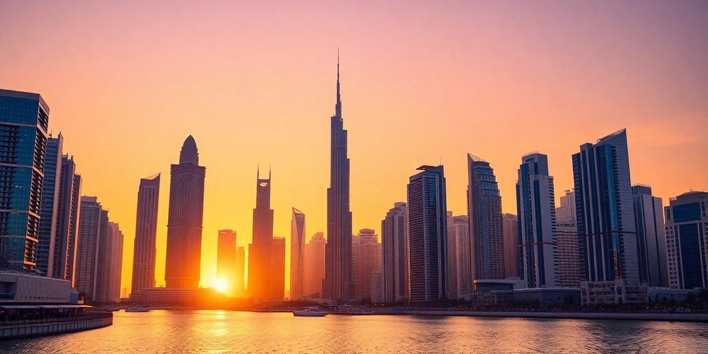 Dubai skyline with modern buildings at sunset.