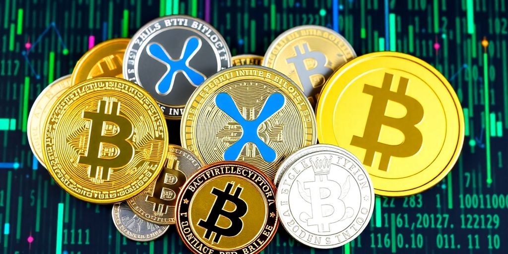 Collage of cryptocurrency coins like Bitcoin and XRP.