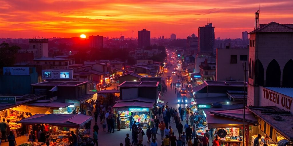 A bustling Nigerian cityscape at sunset, reflecting energy.